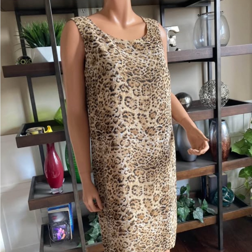 Leopard Print Sleeveless Midi Dress size 12 David Warren brown tan black